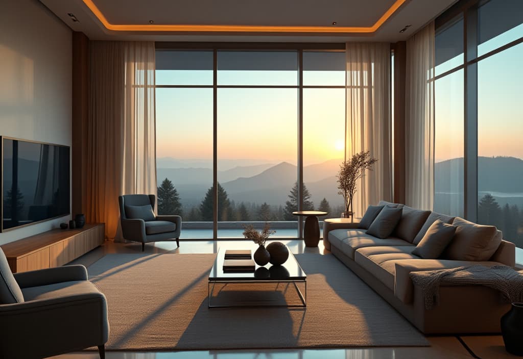  a landscape photo of a living room featuring a large panoramic window with breathtaking views, minimal window treatments, and furniture arranged to maximize the visual impact hyperrealistic, full body, detailed clothing, highly detailed, cinematic lighting, stunningly beautiful, intricate, sharp focus, f/1. 8, 85mm, (centered image composition), (professionally color graded), ((bright soft diffused light)), volumetric fog, trending on instagram, trending on tumblr, HDR 4K, 8K