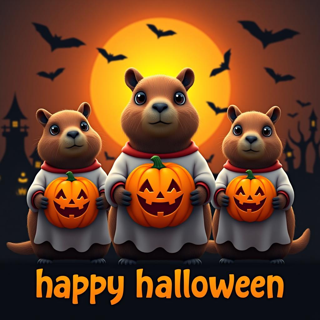  three capybaras wearing ghost shirts in a spooky halloween scene. each capybara has big black eyes. the middle capybara holds a large carved pumpkin, and the other two hold smaller carved pumpkins. the background features a large orange moon with black silhouettes of bats, haunted houses, and trees. below the capybaras, the word 'happy halloween' is written in a bold, stylized font. the overall style is fun and cartoonish with a glossy finish. hyperrealistic, full body, detailed clothing, highly detailed, cinematic lighting, stunningly beautiful, intricate, sharp focus, f/1. 8, 85mm, (centered image composition), (professionally color graded), ((bright soft diffused light)), volumetric fog, trending on instagram, trending on tumblr, HDR 4K, 8K