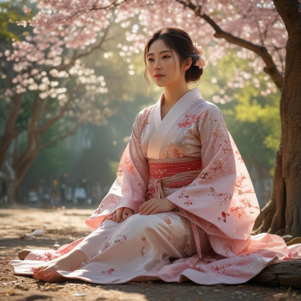 ((masterpiece)),(((best quality))), 8k, high detailed, ultra detailed, very youthful faced Japanese woman sitting with legs open, (traditional Japanese clothing), (cherry blossom tree in the background), (soft sunlight filtering through the leaves) hyperrealistic, full body, detailed clothing, highly detailed, cinematic lighting, stunningly beautiful, intricate, sharp focus, f/1. 8, 85mm, (centered image composition), (professionally color graded), ((bright soft diffused light)), volumetric fog, trending on instagram, trending on tumblr, HDR 4K, 8K