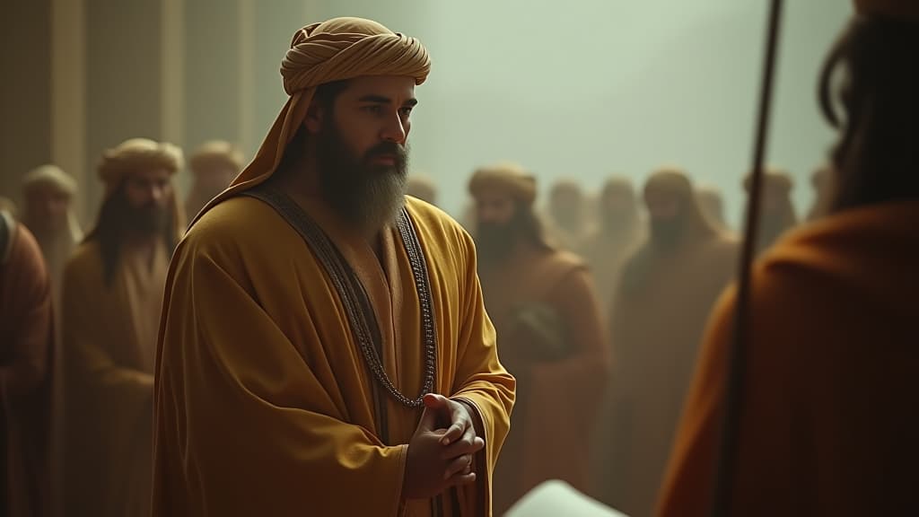  history of biblical times, the servant explaining the urgent mission entrusted to him by abraham, with emphasis on finding the right bride for isaac. hyperrealistic, full body, detailed clothing, highly detailed, cinematic lighting, stunningly beautiful, intricate, sharp focus, f/1. 8, 85mm, (centered image composition), (professionally color graded), ((bright soft diffused light)), volumetric fog, trending on instagram, trending on tumblr, HDR 4K, 8K