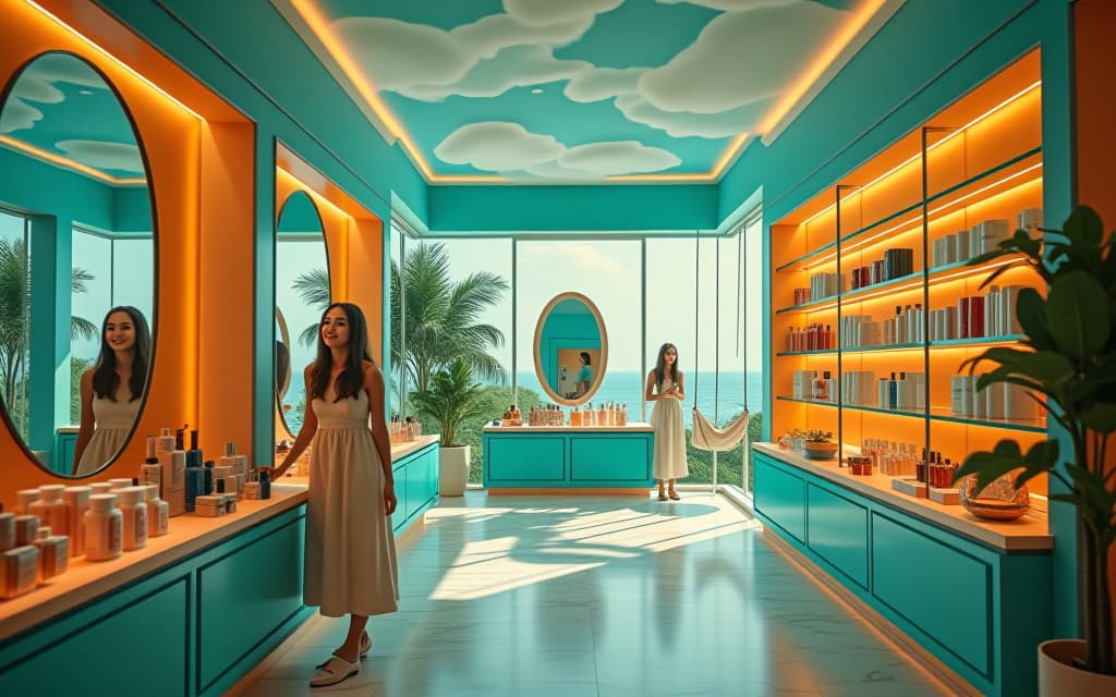  cinematic photo realistic image. beautiful interior of the cosmetics and perfumery store, with bright turquoise and orange shelves, high ceilings with clouds, marble floors, tropical landscaping, beautiful russian girls at the windows who smile joyfully and surprisedly, choose cosmetics and perfumes, in the background depict a very beautiful photo zone in the style of paradise for girls with a mirror of unusual shape, paradise clouds, swings of soft fabrics in a bright turquoise color, high resolution, high definition, high definition, high definition, uhl . 35mm photograph, film, bokeh, professional, 4k, highly detailed