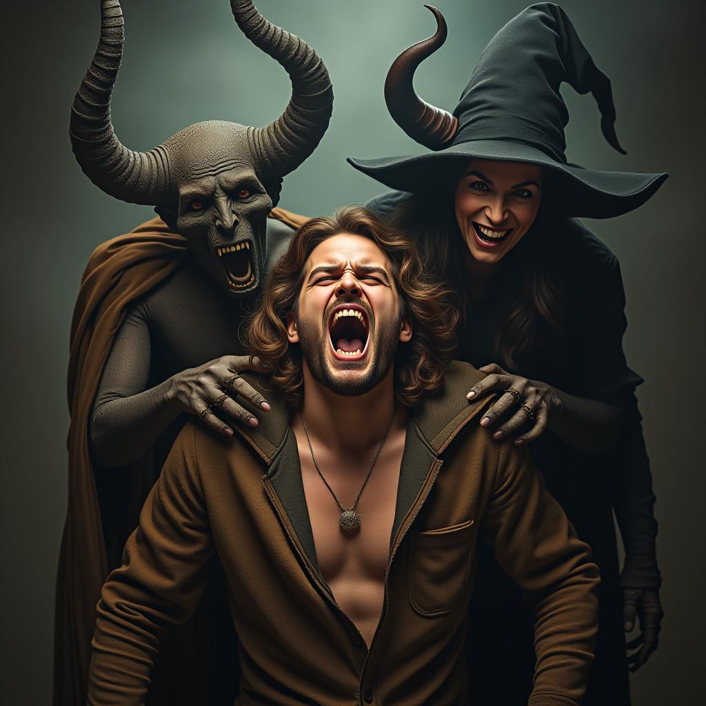  make an image of a man with brown hair being tormented by a demon and a witch