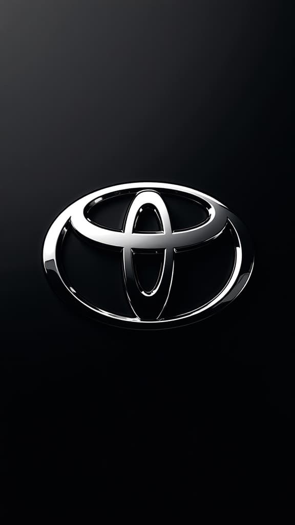  a sleek toyota logo prominently displayed in the center of a deep black background. the logo shines with a polished metallic finish, reflecting subtle highlights and shadows to create a three dimensional effect, enhancing its modern and sophisticated appearance. the contrast between the bright logo and the dark backdrop adds to the overall impact.