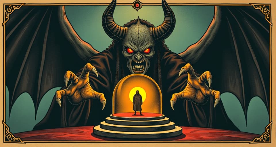  satanic figure with outstretched claws, aimed at a glowing dome protecting a figure inside, fiery eyes, malevolent grin, desire, containment. an illustration in the style of a worn, mystical old tarot trump card, mysterious and elements of surrealism. the colors are muted, somber and eerie, but with contrast bring out an occult and esoteric vibe.