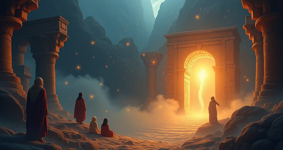  a vivid scene of an ancient world brought to life, glowing through the power of a mystical gaze. magical resurrection, ethereal visuals, historical revival.. the style is digital art illustration,highly detailed, whimsical,magical, dreamlike atmosphere, realism and fantasy blend, smooth, glossy textures,luminous quality, wonder and enchantment.