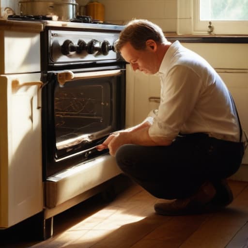 A photo of a skilled repair technician carefully examining the inner workings of a vintage oven in a quaint kitchen during the late afternoon light filtering through a small window, casting warm and soft shadows across the worn wooden floors.