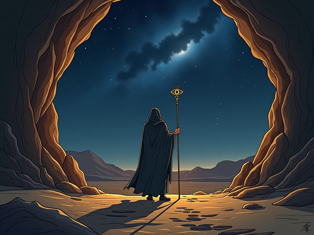  a robed hermit, holding a staff topped with an eye of horus, standing at the entrance of a secluded cave in the desert, the night sky filled with stars above, path of solitary reflection and self discovery. the style is digital art illustration / modern comic book / mysterious occult, symbolic, esoteric vibe,high detail on character design, incorporating ancient egyptian symbology and attire.