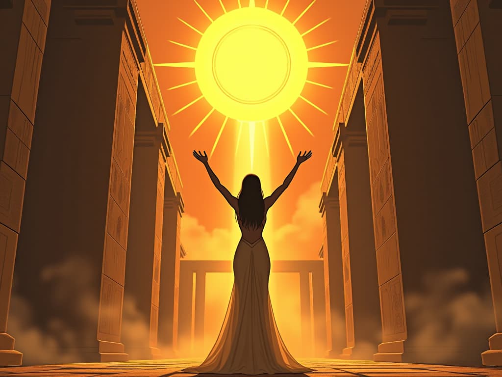  a radiant sun disk hovering above an ancient temple, its bright rays casting golden light, a large busted priestess in a sheer, form fitting gown standing beneath it, her arms raised in reverence, creating an aura of divine energy. the style is digital art illustration / modern comic book / mysterious occult, symbolic, esoteric vibe,high detail on character design, incorporating ancient egyptian symbology and attire.