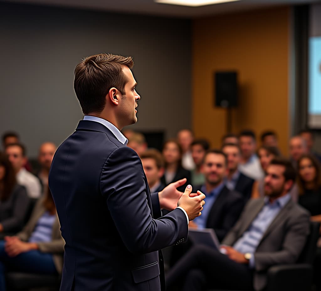  a confident speaker presents in front of a captivated audience at a professional event, emphasizing communication and engagement.