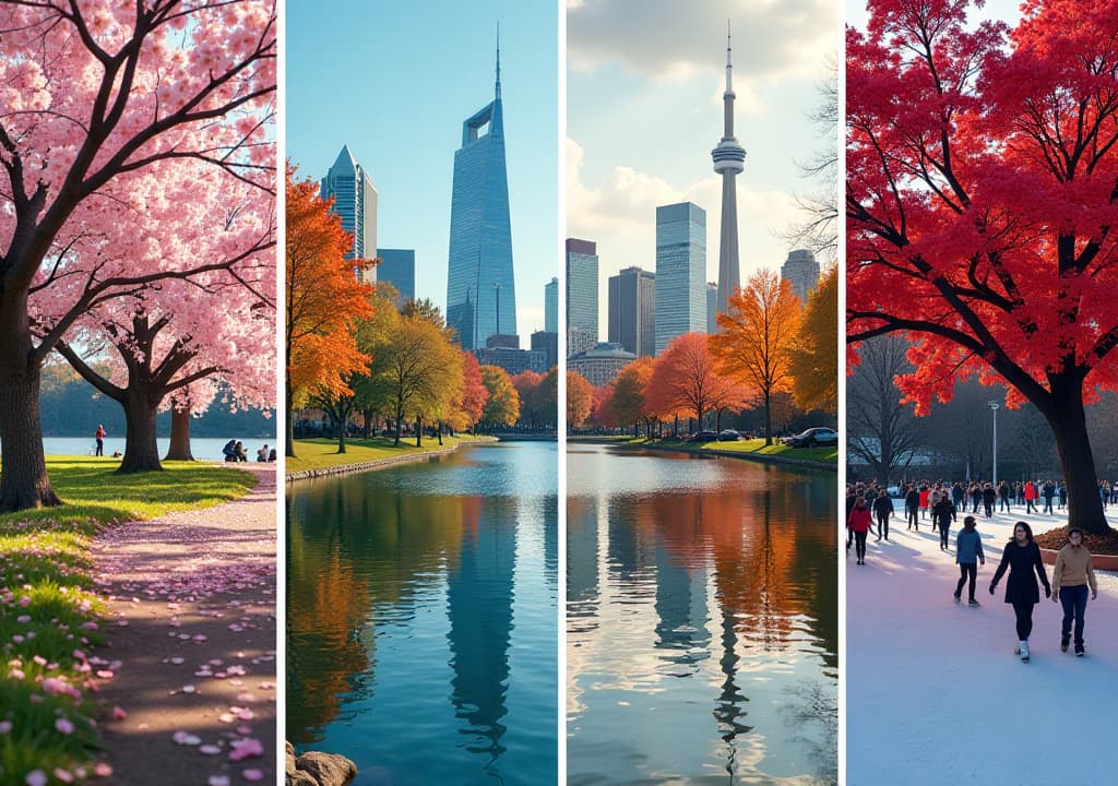  a vibrant collage showcasing toronto's seasonal activities, featuring cherry blossoms in high park during spring, sunny beach scenes on the toronto islands in summer, colorful fall foliage in the don valley, and a festive winter scene at nathan phillips square with ice skaters and the toronto christmas market in the distillery district, capturing the essence of each season's charm in the city. hyperrealistic, full body, detailed clothing, highly detailed, cinematic lighting, stunningly beautiful, intricate, sharp focus, f/1. 8, 85mm, (centered image composition), (professionally color graded), ((bright soft diffused light)), volumetric fog, trending on instagram, trending on tumblr, HDR 4K, 8K