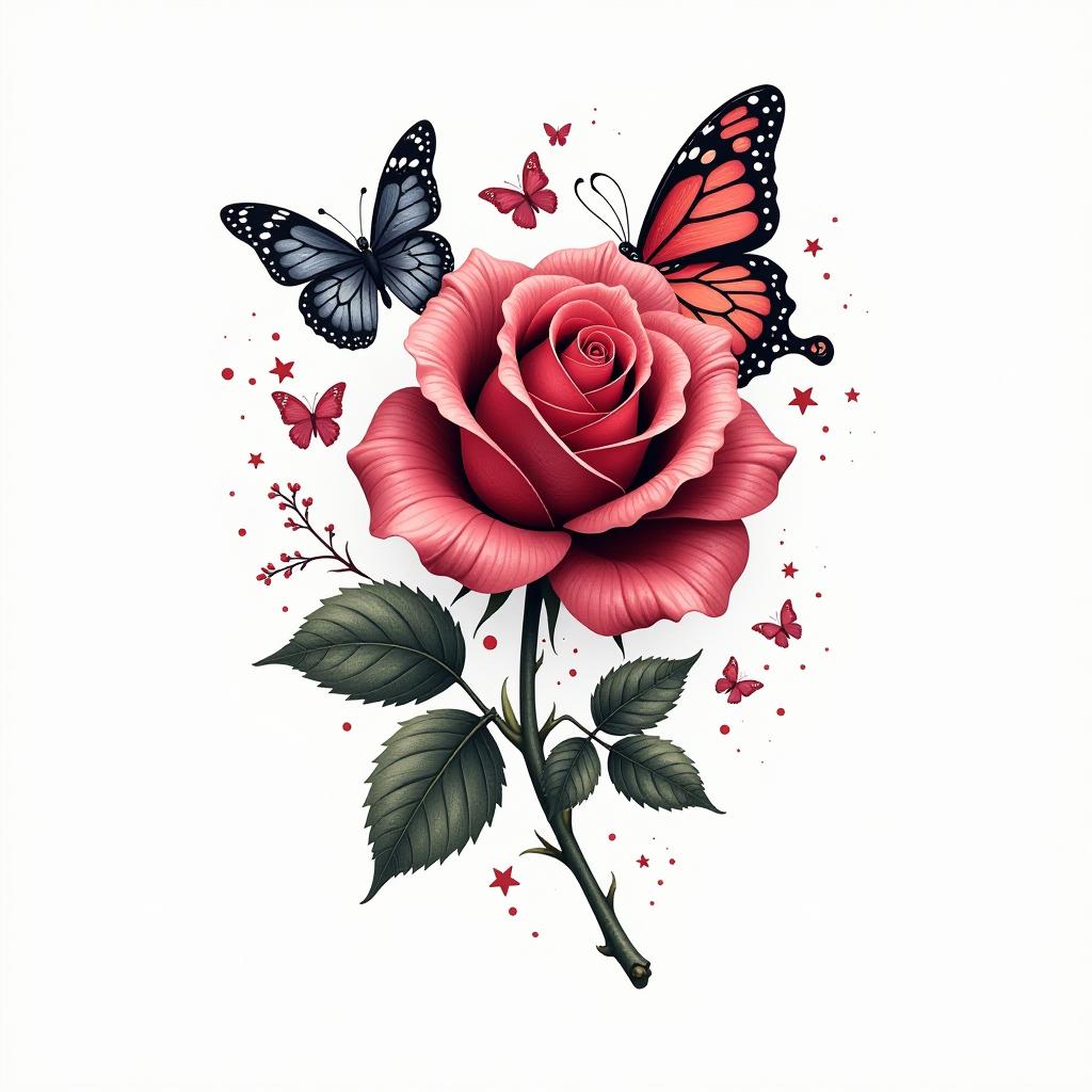  create a tattoo design, rose, butterflies, , white background