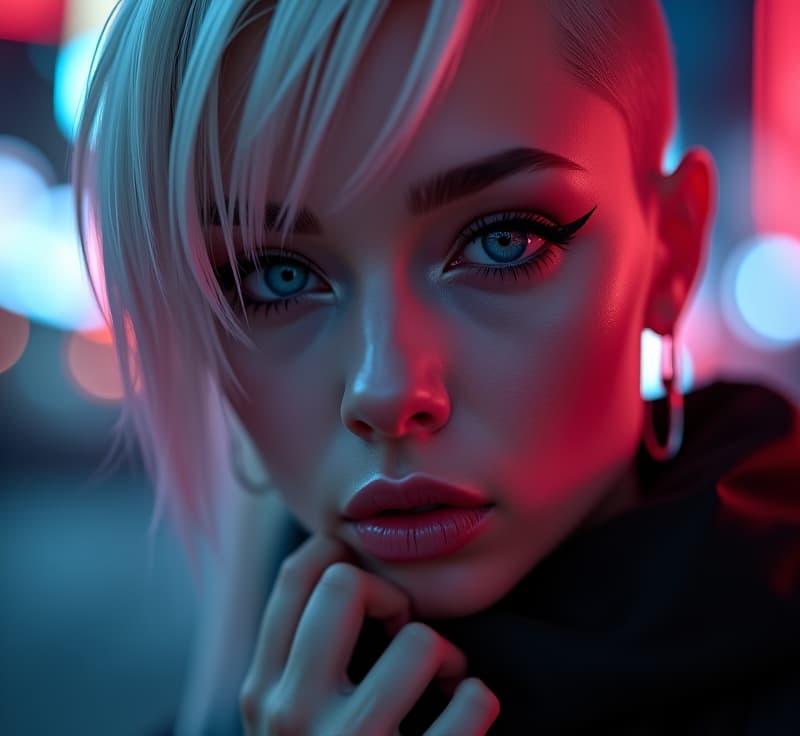  ultra realistic close up portrait ((beautiful pale cyberpunk female with heavy black eyeliner)), blue eyes, shaved side haircut, hyper detail, cinematic lighting, magic neon, dark red city, canon eos r3, nikon, f/1.4, iso 200, 1/160s, 8k, raw, unedited, symmetrical balance, in frame, 8k hyperrealistic, full body, detailed clothing, highly detailed, cinematic lighting, stunningly beautiful, intricate, sharp focus, f/1. 8, 85mm, (centered image composition), (professionally color graded), ((bright soft diffused light)), volumetric fog, trending on instagram, trending on tumblr, HDR 4K, 8K