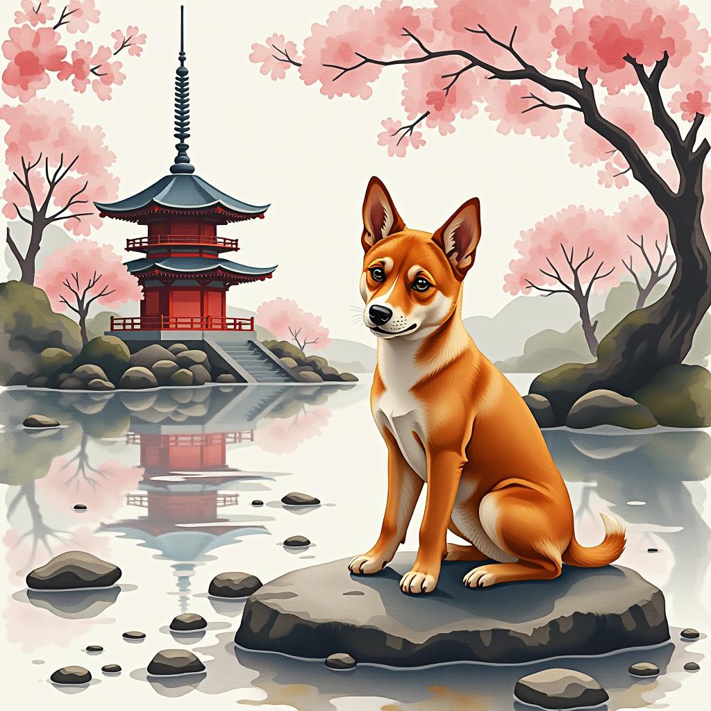  watercolor painting a masterpiece. (painting, “hachiko” dog, monotone, red puppy, gazing into camera, in “sekitei garden,” on meditation platform with stones, with pagoda and cherry blossoms in background:1.5). (intense close up:1.2). highly detailed strokes, clarity. surrealism, fantasy. watercolor style by sergei andreyaki. on paper torsion. leaks, stains.:1.5.) . vibrant, beautiful, painterly, detailed, textural, artistic hyperrealistic, full body, detailed clothing, highly detailed, cinematic lighting, stunningly beautiful, intricate, sharp focus, f/1. 8, 85mm, (centered image composition), (professionally color graded), ((bright soft diffused light)), volumetric fog, trending on instagram, trending on tumblr, HDR 4K, 8K