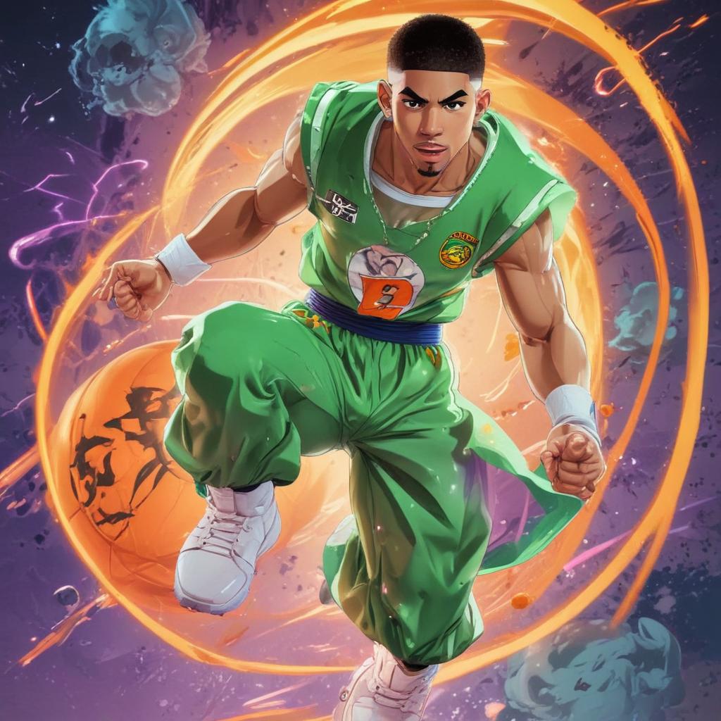 distance-shot, flashy, full-body, dynamic, holographic, animated cartoon poster of jayson tatum in the style of dragon ball super