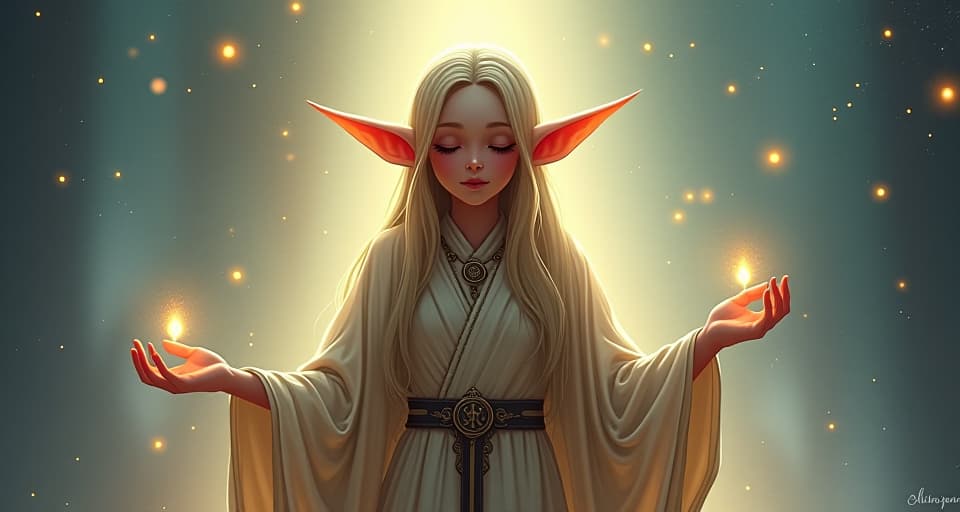  ethereal elf dressed in shimmering robes, radiating calm. bright, magical boundary, protective symbols, peace and energy preservation.. the style is digital art illustration,highly detailed, whimsical,magical, dreamlike atmosphere, realism and fantasy blend, smooth, glossy textures,luminous quality, wonder and enchantment.