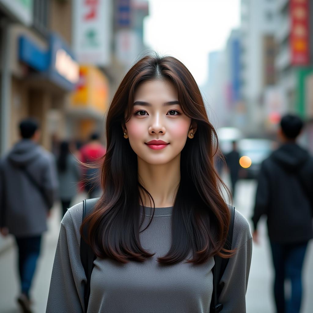  the image captures a young korean woman in her 20s on a city street, taken with an ultra high resolution camera. the clarity of the photo reveals every detail, from the texture of her skin to the individual strands of her hair. the woman has a natural look, with minimal makeup, and her long, straight hair falls neatly around her shoulders. she wears casual, modern clothing, blending seamlessly with the urban background. the street behind her is busy, with a mix of people and vehicles, but the focus remains on her, creating a sharp contrast between her and the slightly blurred city surroundings. the overall mood is vibrant and lively, reflecting the energy of a bustling city street. hyperrealistic, full body, detailed clothing, highly detailed, cinematic lighting, stunningly beautiful, intricate, sharp focus, f/1. 8, 85mm, (centered image composition), (professionally color graded), ((bright soft diffused light)), volumetric fog, trending on instagram, trending on tumblr, HDR 4K, 8K