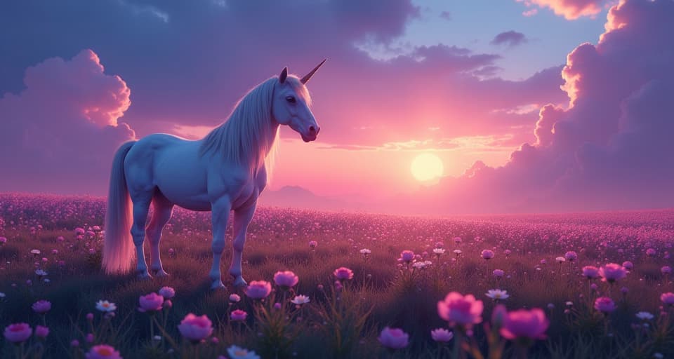  a serene unicorn standing in a field of glowing flowers under a twilight sky, distance between it and other mystical creatures symbolizing the distance created by authentic living, mood reflective.. the style is digital art illustration,highly detailed, whimsical,magical, dreamlike atmosphere, realism and fantasy blend, smooth, glossy textures,luminous quality, wonder and enchantment.