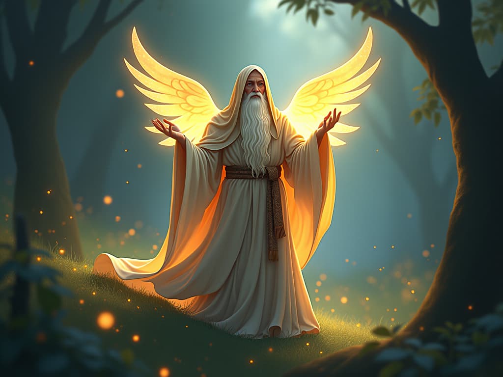  ethereal sage in glowing robes, standing in an enchanting clearing, symbols of commitment etched in light. the style is digital art illustration,highly detailed, whimsical,magical, dreamlike atmosphere, realism and fantasy blend, smooth, glossy textures,luminous quality, wonder and enchantment.