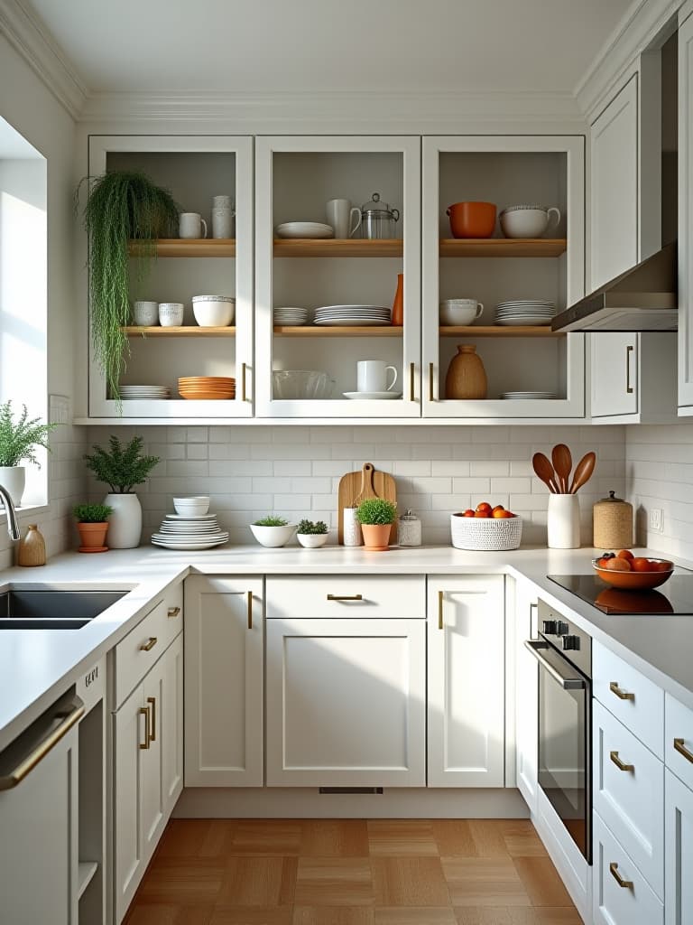  high quality portrait photo of a white kitchen featuring a mix of open shelving and glass front cabinets displaying colorful dishware and plants, shot from a side angle to show depth hyperrealistic, full body, detailed clothing, highly detailed, cinematic lighting, stunningly beautiful, intricate, sharp focus, f/1. 8, 85mm, (centered image composition), (professionally color graded), ((bright soft diffused light)), volumetric fog, trending on instagram, trending on tumblr, HDR 4K, 8K