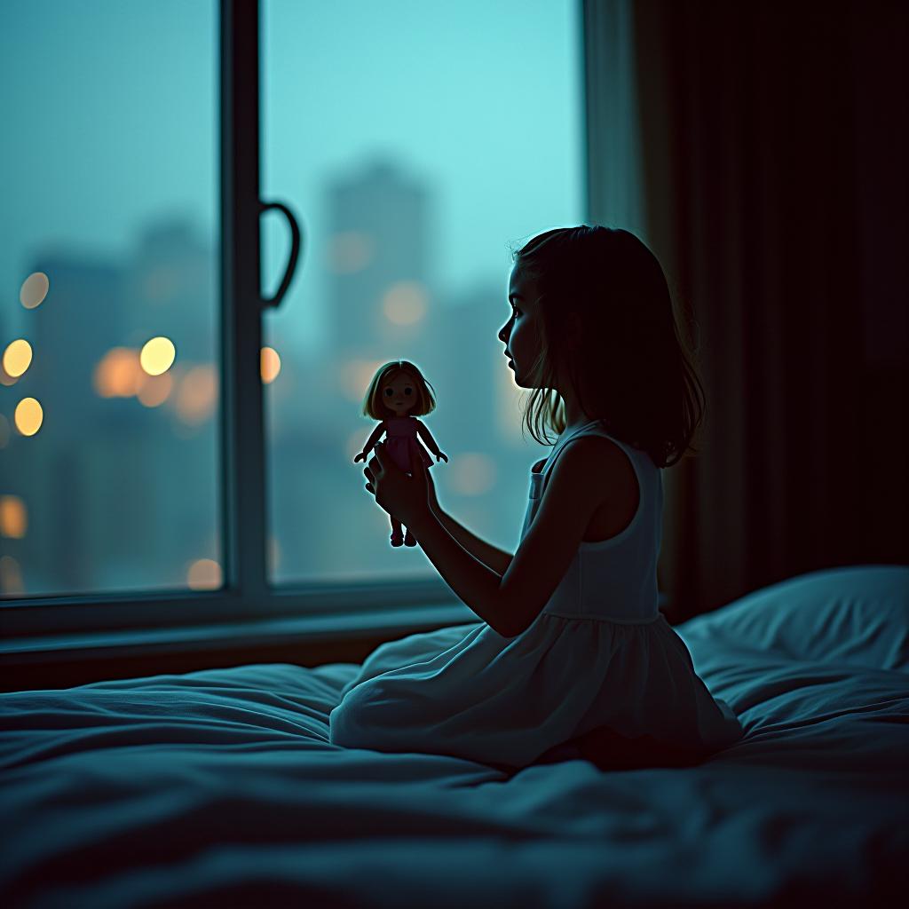  cinematic photo a single girl sits on the bed and looks out the window, in the hands of the girl's doll, outside the window, a dark room . 35mm photograph, film, bokeh, professional, 4k, highly detailed hyperrealistic, full body, detailed clothing, highly detailed, cinematic lighting, stunningly beautiful, intricate, sharp focus, f/1. 8, 85mm, (centered image composition), (professionally color graded), ((bright soft diffused light)), volumetric fog, trending on instagram, trending on tumblr, HDR 4K, 8K