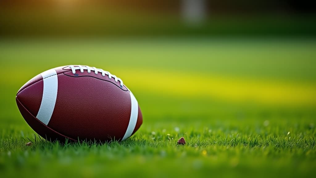  image of an american football placed on the grass. with copy space image. place for adding text or design