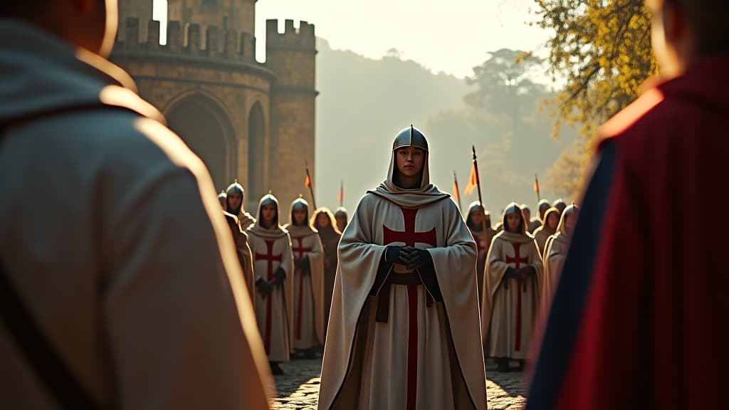  images about historical curiosities, a gathering of modern templars at a historic site, reflecting the ethos of the original order with banners and symbols. hyperrealistic, full body, detailed clothing, highly detailed, cinematic lighting, stunningly beautiful, intricate, sharp focus, f/1. 8, 85mm, (centered image composition), (professionally color graded), ((bright soft diffused light)), volumetric fog, trending on instagram, trending on tumblr, HDR 4K, 8K