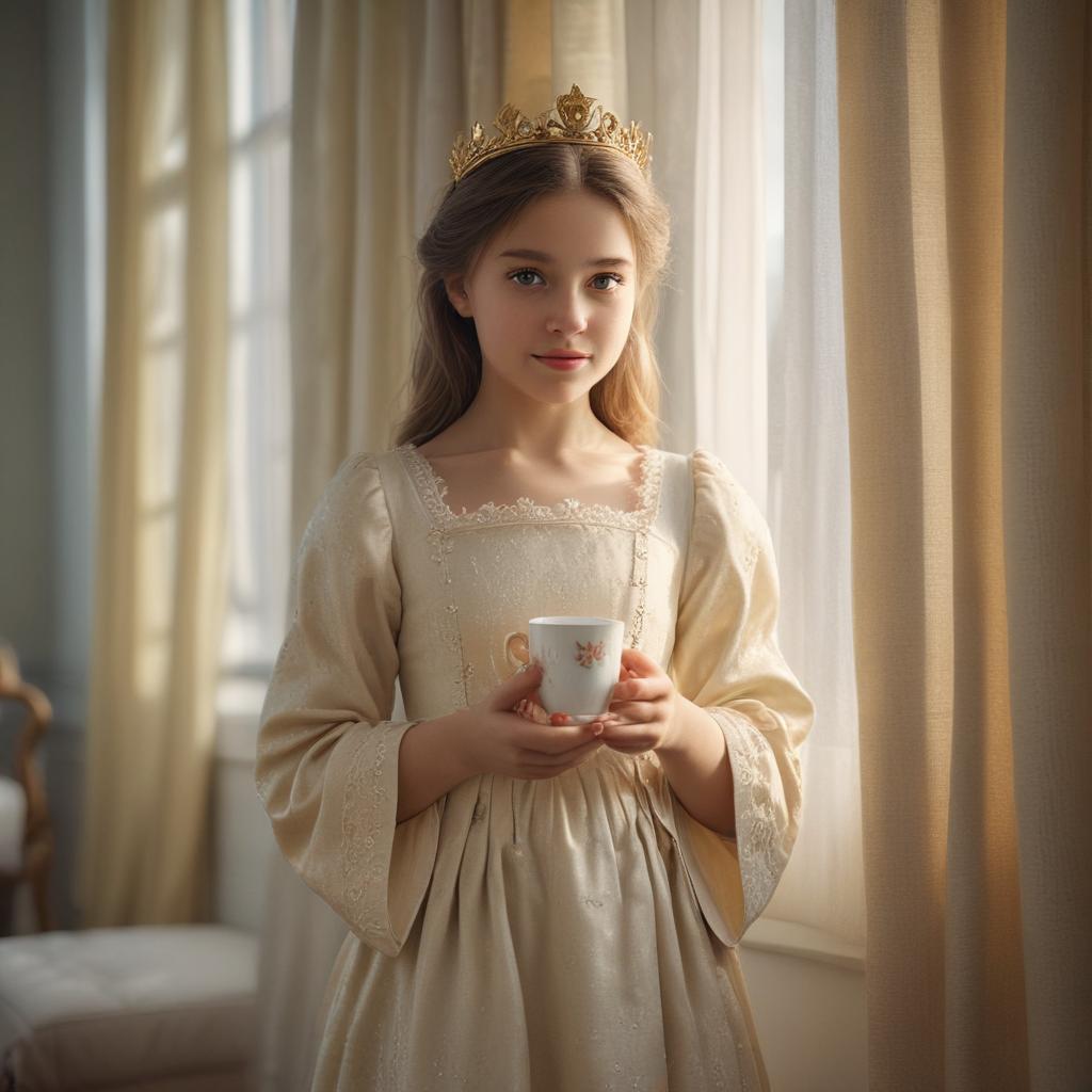 ((masterpiece)),(((best quality))), 8k, high detailed, ultra detailed, A cute and funny good morning little princess, girl, princess outfit, crown, holding a cup of tea, sunshine filtering through curtains hyperrealistic, full body, detailed clothing, highly detailed, cinematic lighting, stunningly beautiful, intricate, sharp focus, f/1. 8, 85mm, (centered image composition), (professionally color graded), ((bright soft diffused light)), volumetric fog, trending on instagram, trending on tumblr, HDR 4K, 8K