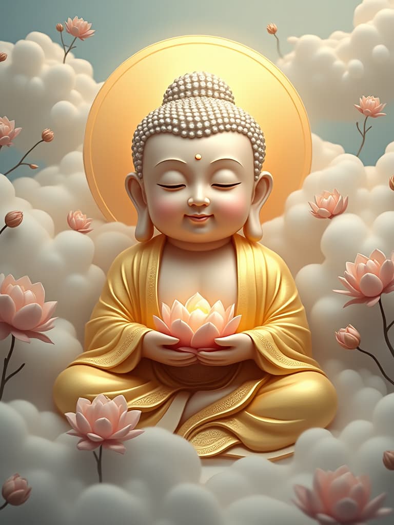  the image of the sacred buddha, with a sweet face, with a tiny low head, with a lotus flower in his hands, in gold or white, with a soft halo on his back. the eyes of the buddha are merciful, with a gentle smile in their mouths, in the sky surrounding the cloud, with the flowers blooming, and with a breath of peace and wisdom. the whole picture is a peaceful and sacred atmosphere, with a soft light and a gentle colour。