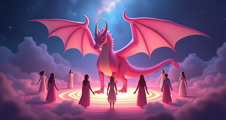  the pink dragon surrounded by empaths and individuals working with energies, all standing in a harmonious, glowing circle, the dragon’s energy maintaining balance and support. the style is digital art illustration,highly detailed, whimsical,magical, dreamlike atmosphere, realism and fantasy blend, smooth, glossy textures,luminous quality, wonder and enchantment.