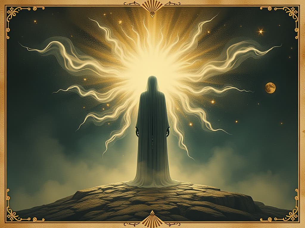  vanishing boundaries, union with universal energy, figure dissolving into light, spiritual, enlightening. an illustration in the style of a worn, mystical old tarot trump card, mysterious and elements of surrealism. the colors are muted, somber and eerie, but with contrast bring out an occult and esoteric vibe.