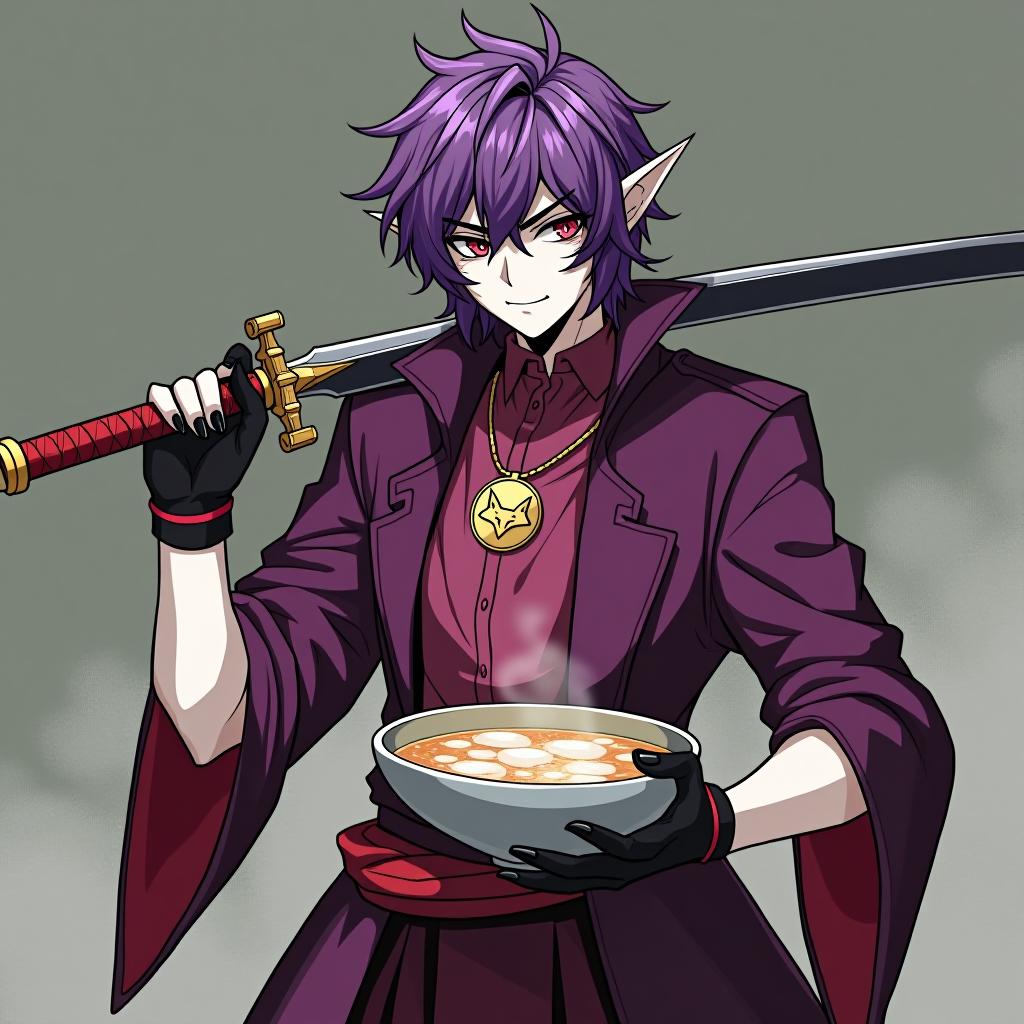  manga style in his left hand, ringo holds a wide bowl filled to the brim with sake, and in his right, a boarding sword, which he threw over his right shoulder. ringo wears short tight black gloves with metal claws on his fingers and is depicted in full height a young mature dark male elf with marble white skin, purple scarlet hair, ringo wears a disheveled hairstyle of medium length, pointed ear tips, lavender red eyes, is dressed in a burgundy shirt in addition, ringo wears a purple short jacket with a tight waist, made of snake with a medium sized silver skin, and a lightweight in red skin. ringo wears a gold chain with a medium sized gold medallion around his neck. the medallion depicts an angry smirking fox face, ringo has a relative,