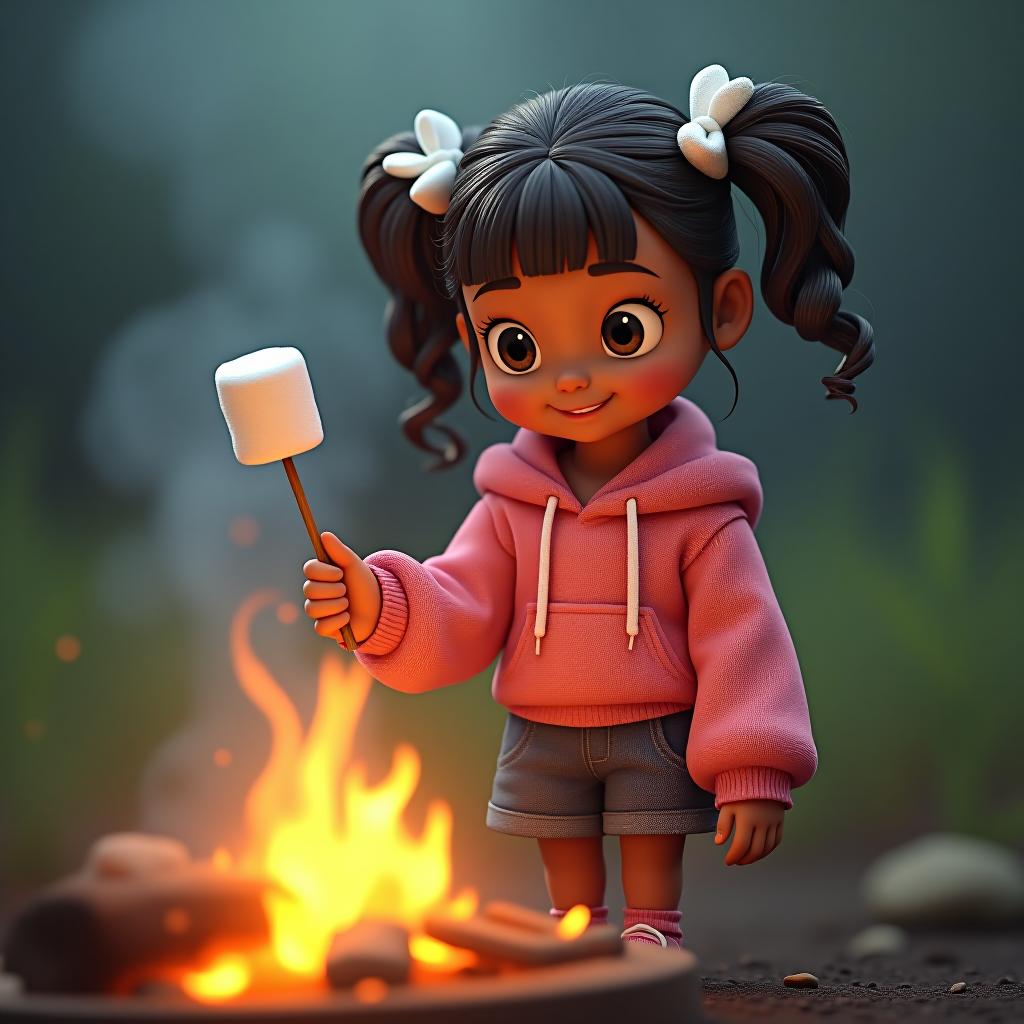  a with curly pigtails and a pink is holding a marshmallow on a stick over a campfire. cartoon style. hyperrealistic, full body, detailed clothing, highly detailed, cinematic lighting, stunningly beautiful, intricate, sharp focus, f/1. 8, 85mm, (centered image composition), (professionally color graded), ((bright soft diffused light)), volumetric fog, trending on instagram, trending on tumblr, HDR 4K, 8K