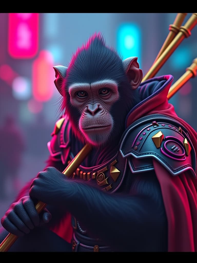  cyberpunk style monkey king, 8k, best quality, masterpiece, (ultra detailed), heishenhua artist style, game style, cg, armor, letterboxed, weapon, solo, stick weapon, blurry background, holding golden stick, male focus, full armor, shoulder armor, 1 man monkey face, upper body, facing viewer, cape, dramatic chiaroscuro, wide angle lens, high contrast, intense brush strokes, motion blur, dynamic composition, vivid realism, hd quality, natural look, movie still, film still, cinematic, cinematic shot, cinematic lighting, 35mm film. cyberpunk, vaporwave, neon, vibes, vibrant, stunningly beautiful, crisp, detailed, sleek, ultramodern, magenta highlights, dark purple shadows, high contrast, cinematic, ultra detailed, intricate, professional