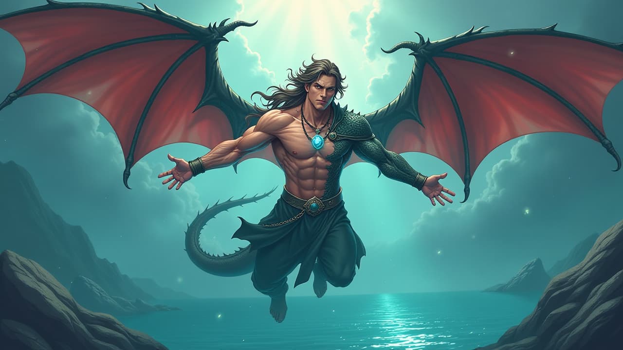  anime, anime sytle, anime image, cartoon, real cartoon, real anime, charming and ripped male battlemage with dragon wings and dragonscale skin floating above lake while arms stretching wide emitting orbs