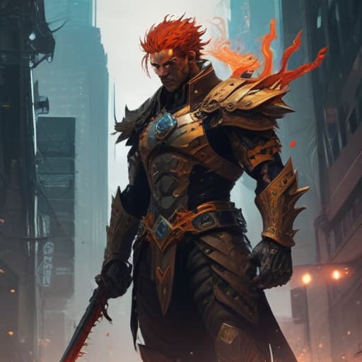 In a futuristic cityscape, a towering figure emerges from the shadows. LAWLESS BRAWLER, a divine being, radiates power and determination. His armor gleams with intricate designs, adorned with glowing symbols. His eyes burn with intensity as he stands ready for battle, surrounded by swirling energy. The city below trembles at his presence, as he prepares to unleash his untamed strength upon any who dare to challenge him. fantastical creatures or characters inspired by mythology, folklore, or popular culture. use vibrant colors, sharp lines, intricate details, dynamic poses, dramatic lighting, atmospheric backgrounds, and blend anime, manga, and Western comic influences.