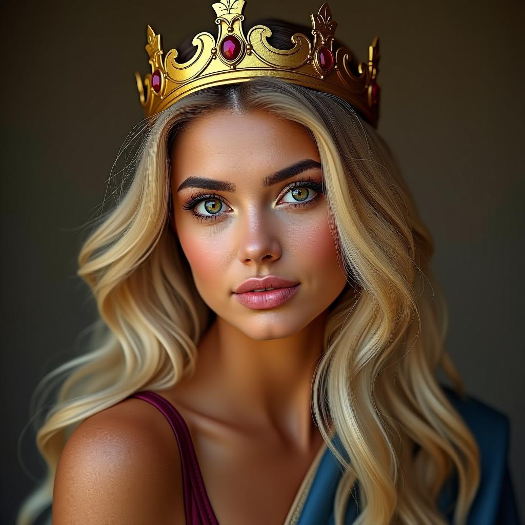  make an image of a blonde woman with brown eyes and tan olive skin wearing a gold crown with blue and red colored attire