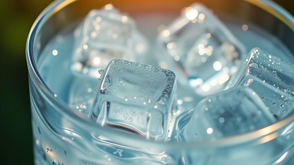  sparkling ice cubes float in a refreshing glass of cool water, glistening with condensation on a hot summer day, exuding serenity and revitalization.