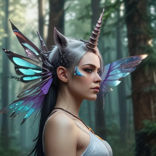 A fairy with wings and a unicorn horn in Cyberpunk style with Forests background