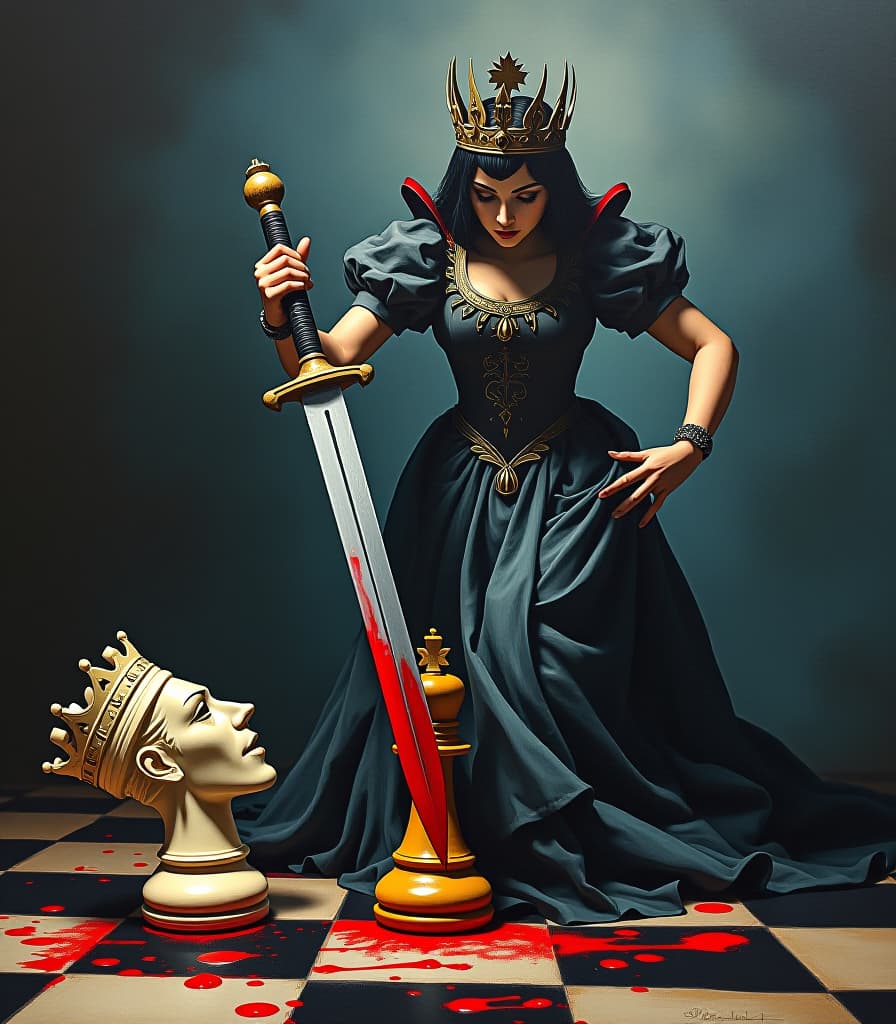  create an 8k uhd oil painting in the style of edvard munch, egon schiele, and salvador dali. the painting features a close up of a chess queen figure wielding a bloody sword as she chops off the head of a chess king. the subject is set against a dark fantasy backdrop with a mysterious atmosphere. use double exposure techniques to merge the queen and king figures with the canvas texture, creating a volumetric texture with bold brush strokes. the color palette should be bold and vibrant, with a unique color scheme that reflects the dark souls theme. incorporate elements of surrealist and abstract expressionism to add depth and complexity to the image. the final product should be a masterpiece with a resolution of 7680 x 4320 pixels