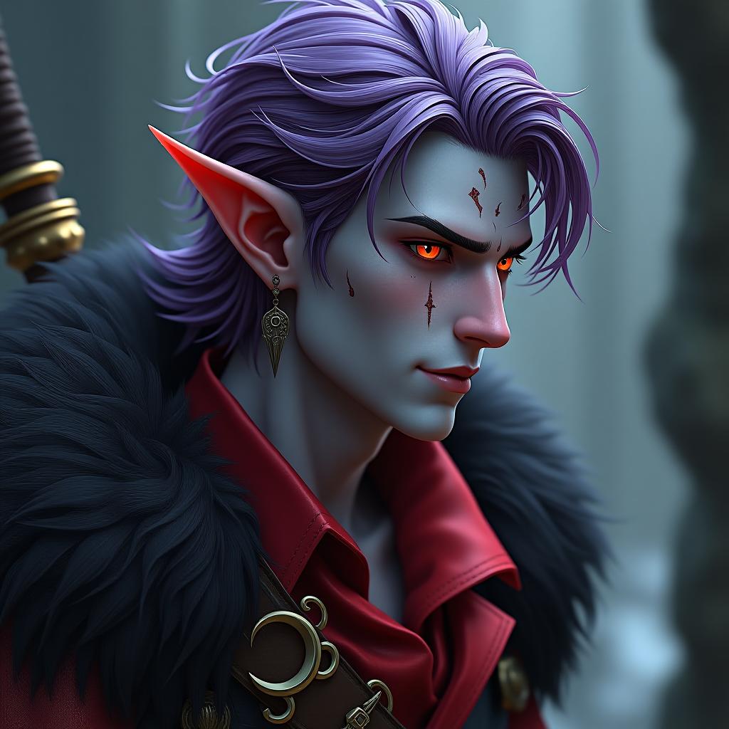  role playing game (rpg) style fantasy dark elf male pirate marble white skin, purple scarlet hair, lavender eyes with a red tint, dressed in a red violet shirt embroidered with red gold over the shirt wears a leather coat with a fur collar of dark scarlet, disheveled hair. an earring in the right ear, in the shape of a month. tattoo of a jagged crescent moon near the left eye socket the crescent moon is turned towards the eye . detailed, vibrant, immersive, reminiscent of high fantasy rpg games hyperrealistic, full body, detailed clothing, highly detailed, cinematic lighting, stunningly beautiful, intricate, sharp focus, f/1. 8, 85mm, (centered image composition), (professionally color graded), ((bright soft diffused light)), volumetric fog, trending on instagram, trending on tumblr, HDR 4K, 8K