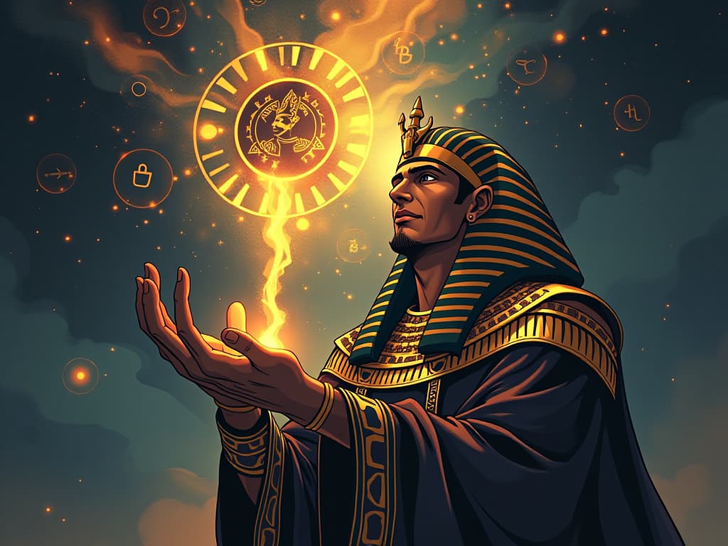  a hand reaching out to touch glowing symbols in the air, with an aura of profound insight and meaning. the style is digital art illustration / modern comic book / mysterious occult, symbolic, esoteric vibe,high detail on character design, incorporating ancient egyptian symbology and attire.