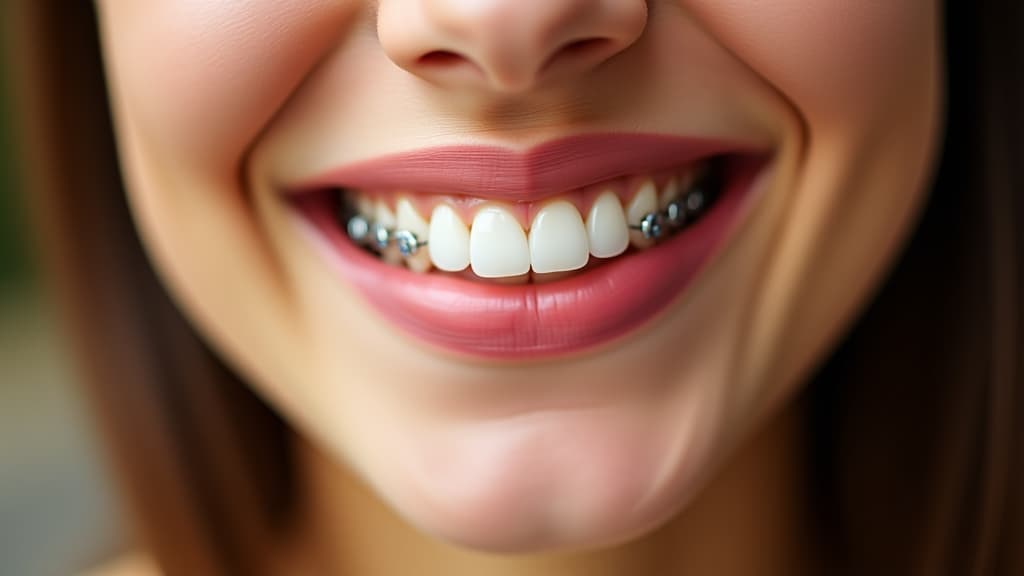  close up of a woman smiling while wearing orthodontic braces on her teeth