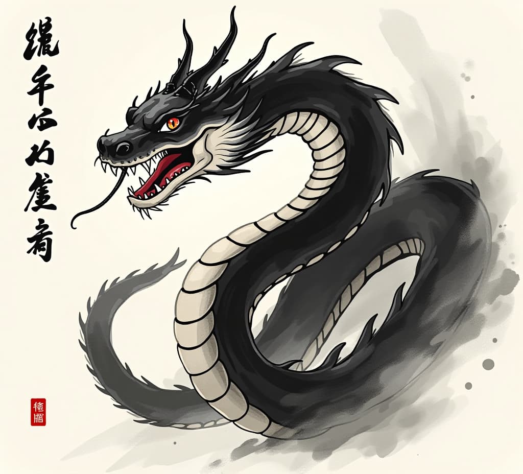  a snake painted in chinese style black brush strokes