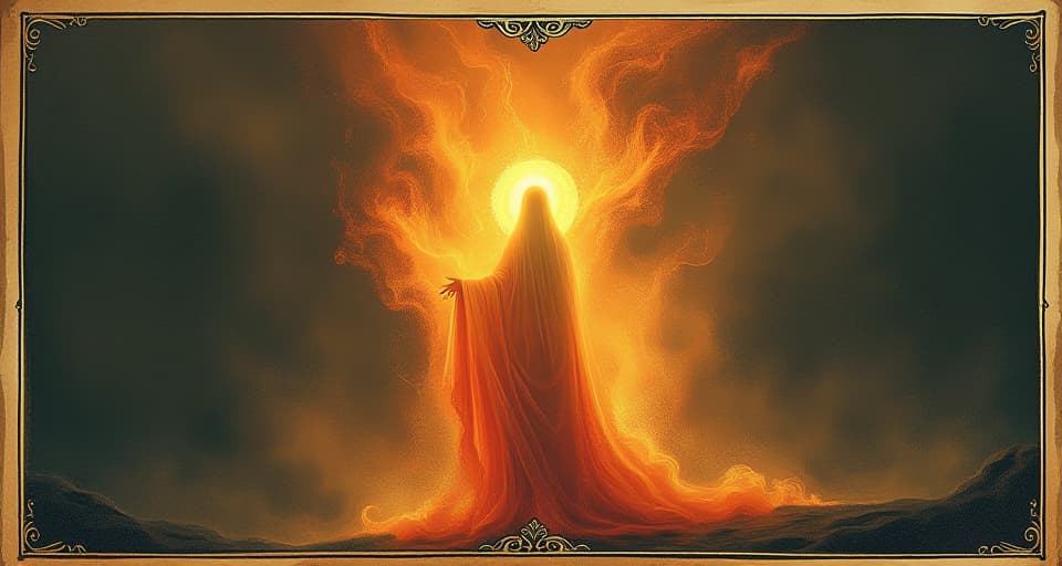  ethereal fire enveloping a ghostly figure, otherworldly, unlike any known flame, surreal heat, divine consequence, unearthly. an illustration in the style of a worn, mystical old tarot trump card, mysterious and elements of surrealism. the colors are muted, somber and eerie, but with contrast bring out an occult and esoteric vibe.