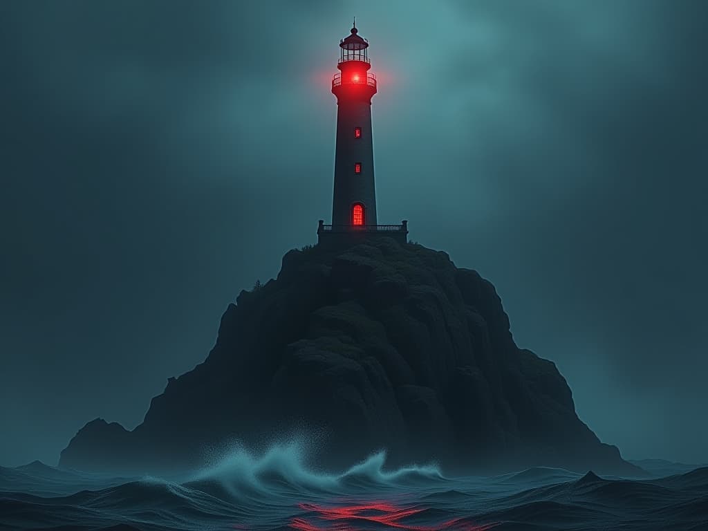  a lighthouse standing tall on a rugged cliff, emanating a soft, guiding light, stormy seas below, symbols of resilience and hope carved into the base, aura of strength.. the style is dark fantasy and mysterious occult, symbolic, moody lighting, esoteric vibe,high detail on character design. for the color scheme emphasize blacks and reds.