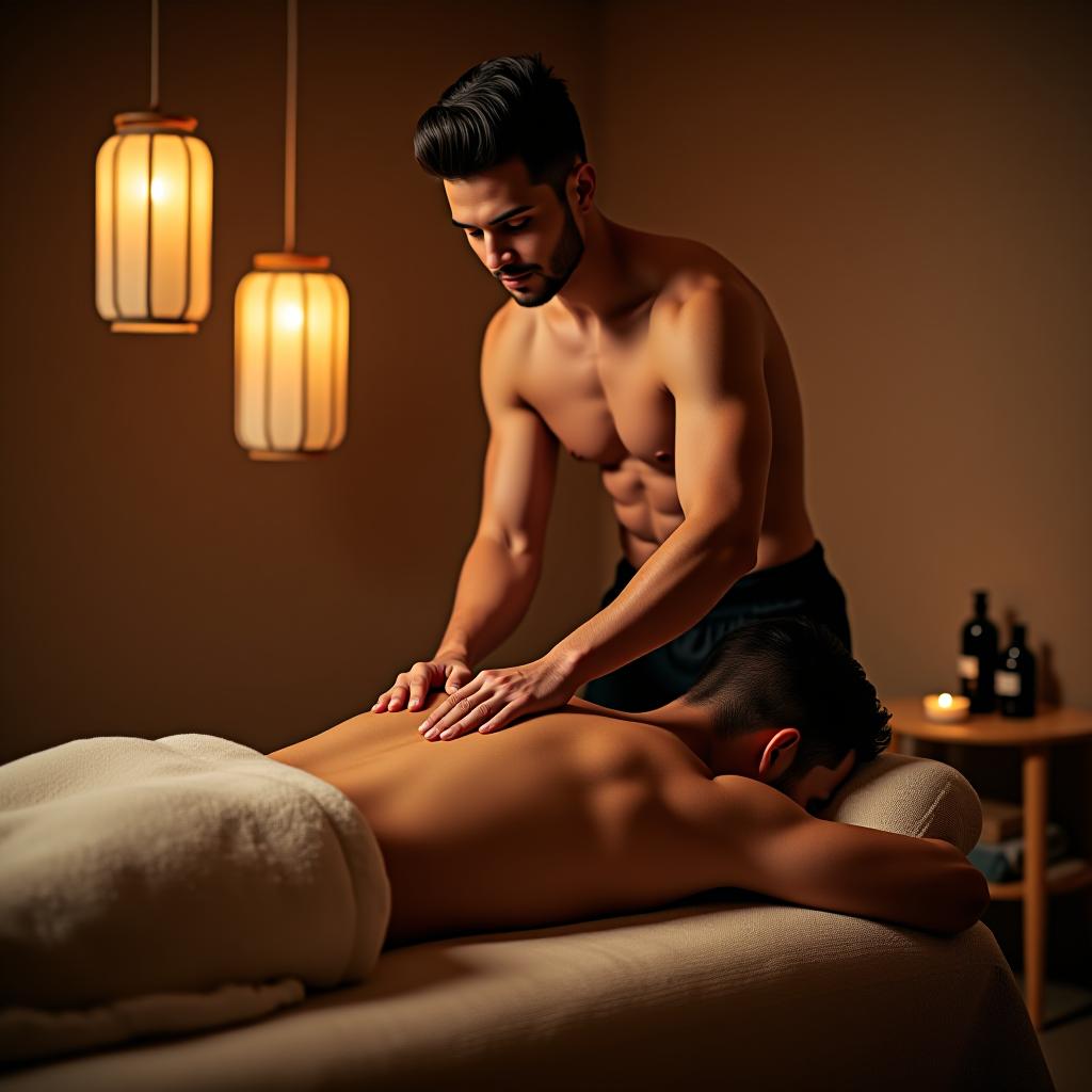  the male masseur is providing a massage in a brown room.