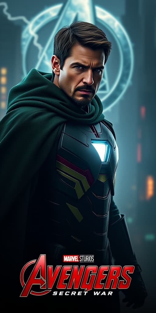  good quality, high quality, a hyper realistic movie poster for "avengers secret war" starring tom cruise as unlimate iron man. he is depicted with a sinister expression, wearing a heavily armored, dark green cloak. the background shows a war torn city in shadows, with the avengers logo partially illuminated by crackling energy.