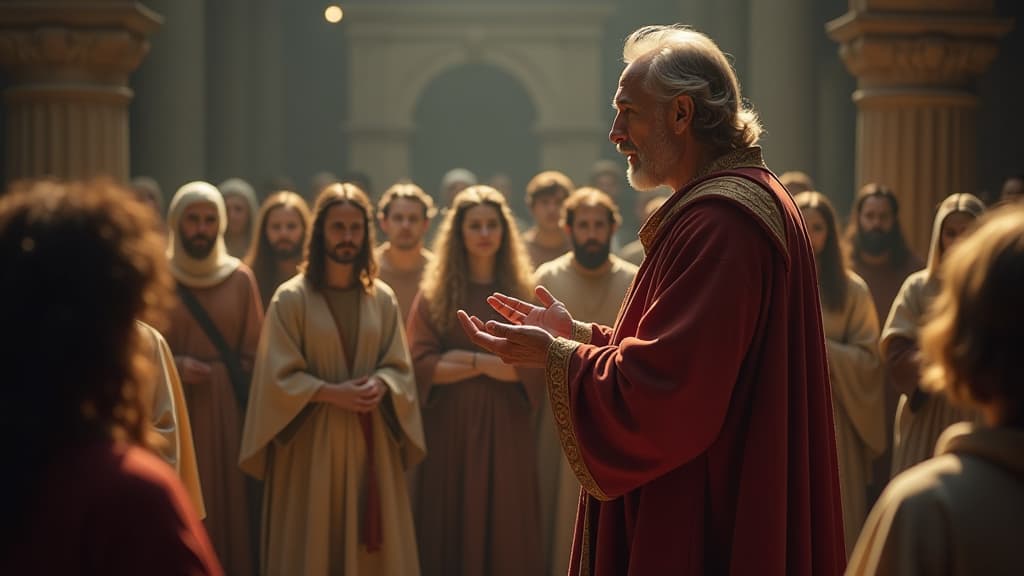  history of biblical times, peter addressing divisions in the church during a gathering, with diverse groups listening intently, showcasing his leadership role. hyperrealistic, full body, detailed clothing, highly detailed, cinematic lighting, stunningly beautiful, intricate, sharp focus, f/1. 8, 85mm, (centered image composition), (professionally color graded), ((bright soft diffused light)), volumetric fog, trending on instagram, trending on tumblr, HDR 4K, 8K