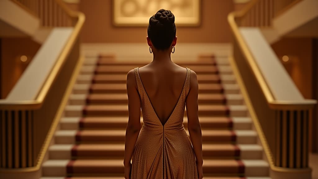  a back view woman in a gold dress stands in front of a staircase. concept of elegance and sophistication, as the woman is dressed in a beautiful gown and he is attending a formal event