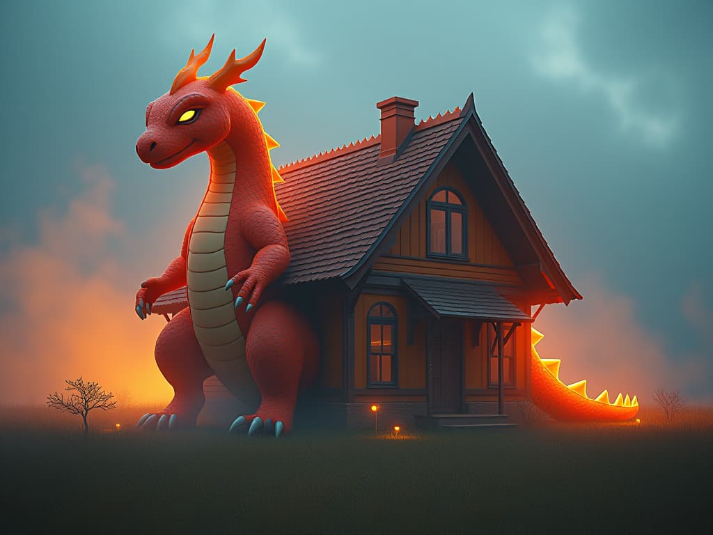  a surrealistic charmander shaped iron house hyperrealistic, full body, detailed clothing, highly detailed, cinematic lighting, stunningly beautiful, intricate, sharp focus, f/1. 8, 85mm, (centered image composition), (professionally color graded), ((bright soft diffused light)), volumetric fog, trending on instagram, trending on tumblr, HDR 4K, 8K